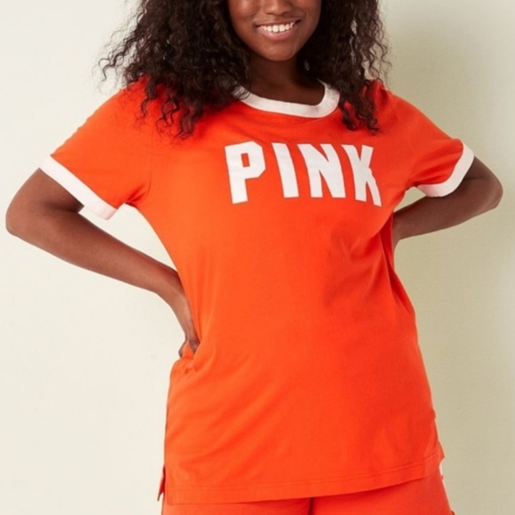 PINK VICTORIA'S SECRET COTTON SHORT SLEEVE CAMPUS RINGER T-SHIRT - Picture 4 of 4